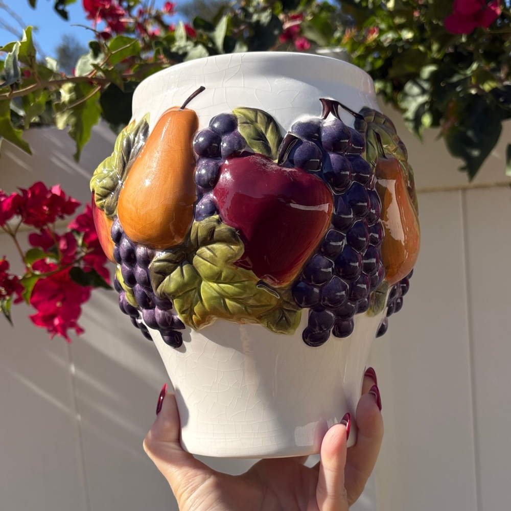 Vintage RARE fruit grapes planter / utensils holder / ceramic crackle glaze